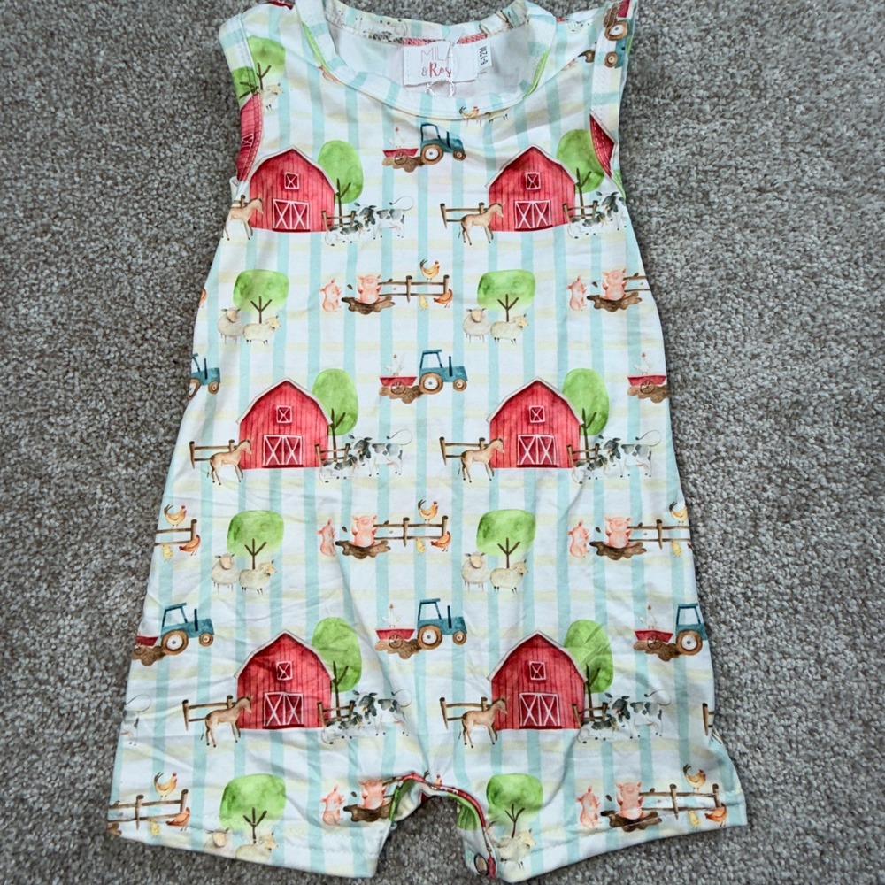 Mila & Rose Baby Farm Animal Barn Tractor Striped Shortie Romper 6-12M NWT